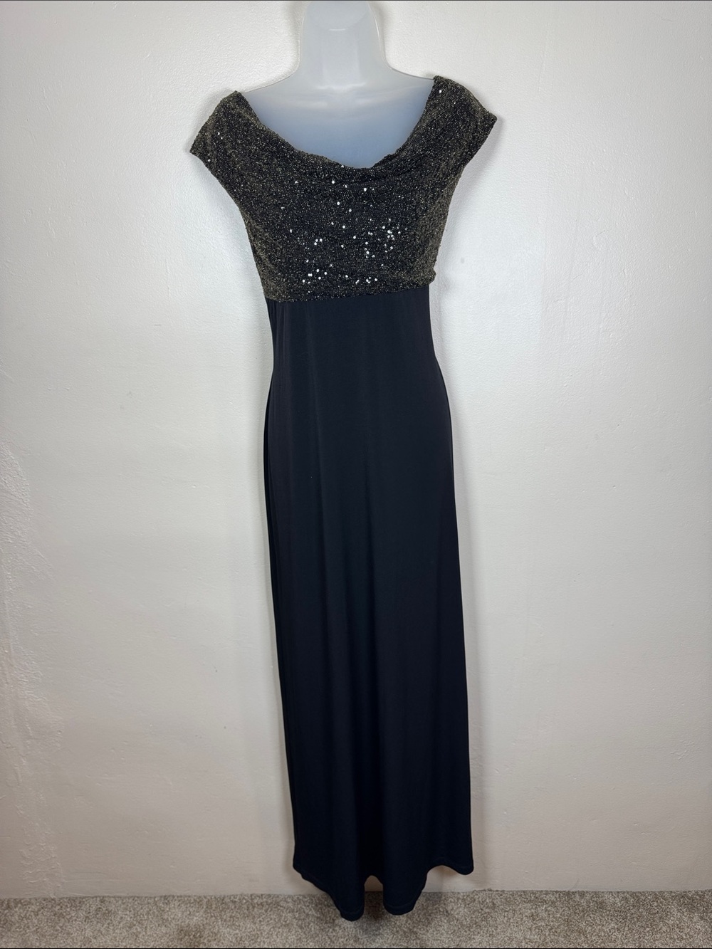 VTG connected apparel Black Maxi Dress Sequined Gold Bodice 8 Drapped 90s Y2K